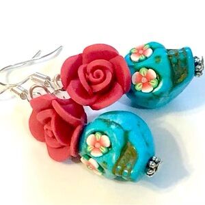 Sugar Skull Earrings Turquoise Red Day of the Dead Skull Jewelry